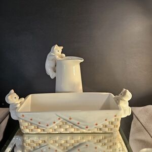 VTG LOT OF 2 CERAMIC KITTY CAT CREAMER & CRACKER BUTTER HOLDER WHITE CAT